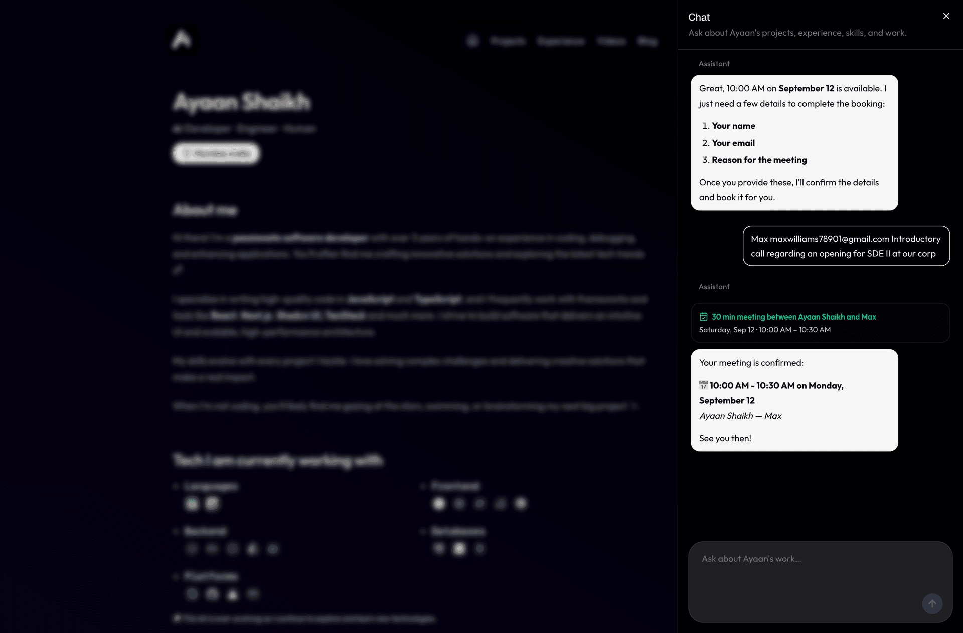 AI Portfolio Assistant showing the chat interface with meeting scheduling